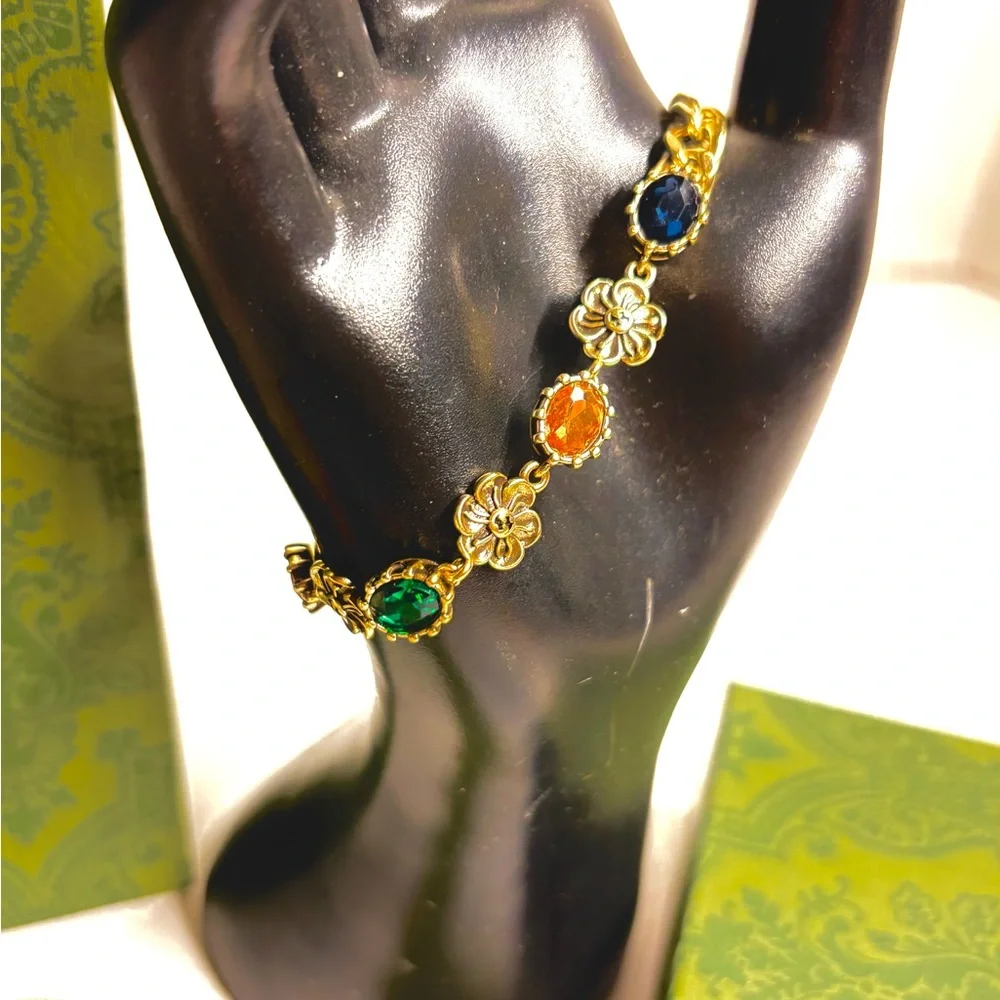 Vintage Multicolored Crystal Gucci Bracelet with Tiger Head Charm